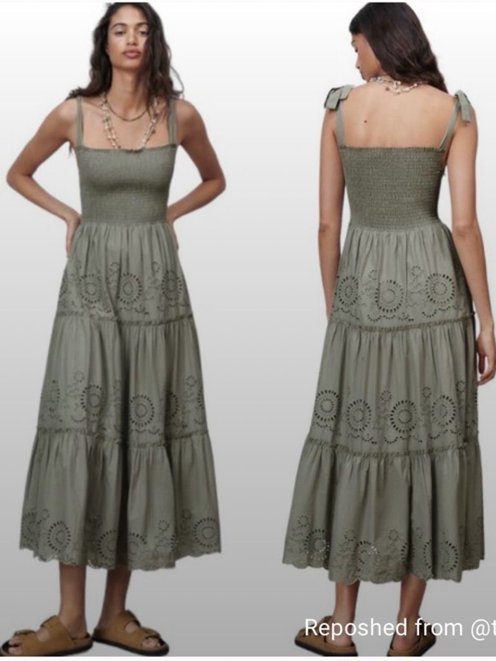 Zara Olive Smocked Eyelet Midi Dress